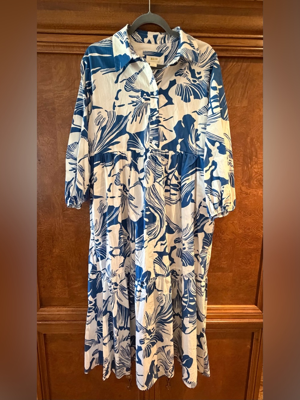 Anthropologie Blue and White Floral Maxi Shirt Dress with pockets
